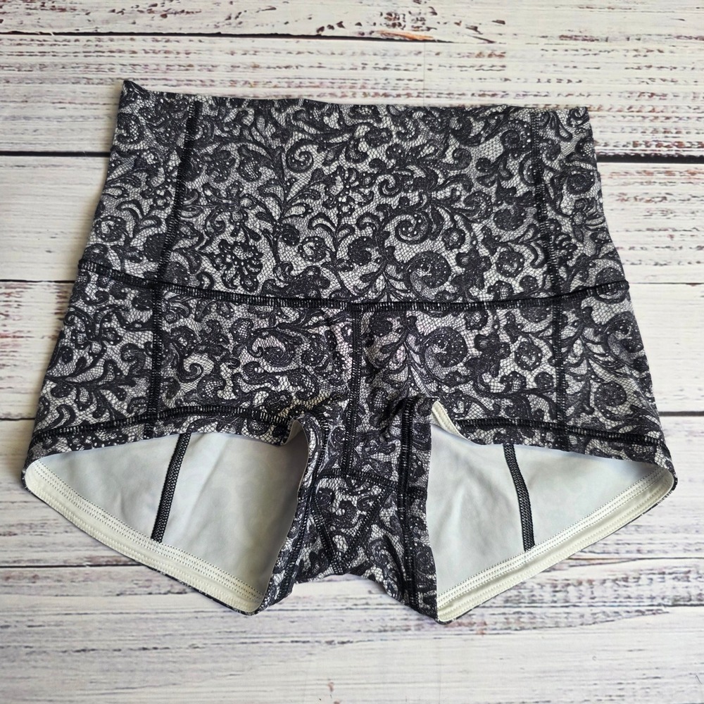Lululemon Wunder Under High Rise Yoga Shorts Black Mini Cinder Lace Womens 6